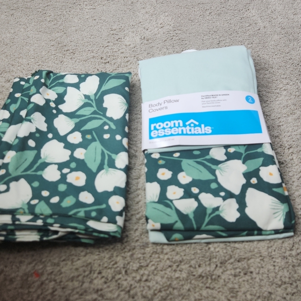 3pk Body Pillow Covers Dark Green Floral/Mint Green - Room Essentials